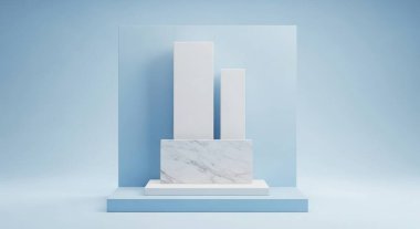 A minimalist podium scene on a light blue background is perfect for product presentation. The geometric shapes create a modern and clean aesthetic for display.