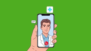 Bir doktor akıllı telefondan tıbbi danışmanlık yapıyor. Arka plan yeşil. Bu görüntü teletıp ve sağlık hizmeti pazarlaması için mükemmel..