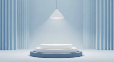 A minimalist blue and white podium with a lamp is perfect for product presentation. The clean design and geometric shapes create a modern and stylish backdrop.