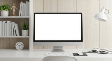 A bright and modern workspace featuring a computer mockup on a clean white desk against a wooden wall. The scene is completed with stylish decor and accessories.