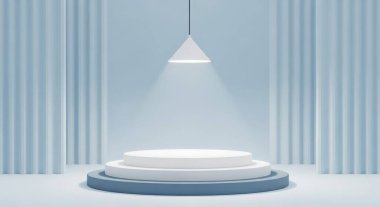 A minimalist podium with curtains and a spotlight creates an elegant setting for product presentation. The clean design and soft colors provide a modern backdrop.