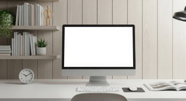 A modern workspace featuring a computer, office supplies, and decor on a white desk, creating a clean and inviting environment for productivity and creativity. Perfect for stock images.