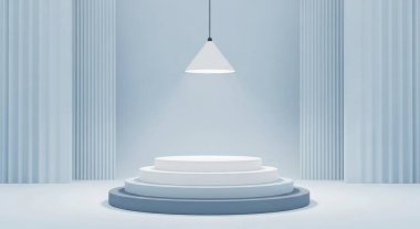 A minimalist blue product display podium with a spotlight, perfect for showcasing products in a modern and stylish way. Ideal for presentations and marketing.