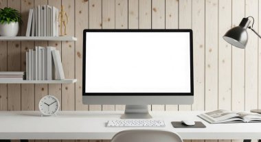 A modern workspace featuring a computer mockup on a white desk set against a wooden wall, creating a clean and professional environment. Perfect for showcasing designs.