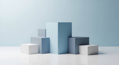 A minimalist composition of pastel blue cubes arranged on a reflective white floor, creating an abstract geometric scene perfect for product display or modern design concepts.