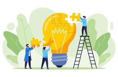 A group of people working together to connect puzzle elements to a light bulb, symbolizing teamwork, problem-solving, and the generation of new ideas and solutions.