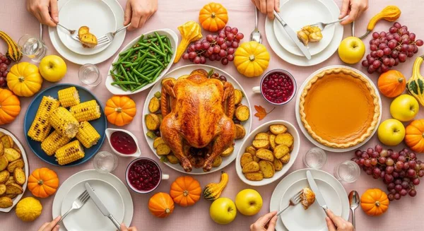 Güzel bir Şükran Günü sofrası, kızarmış hindi, turta ve her tarafı. Tatil promosyonları, aile toplantıları ve şenlikli tasarımlar için mükemmel..