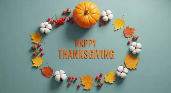 Balkabağı, pamuk ve mavi arka planda yapraklarla Şükran Günü mesajınız kutlu olsun. Üst görünüm düz dizayn mevsimsel şenlik düzenleme ve metin için kopyalama alanı.