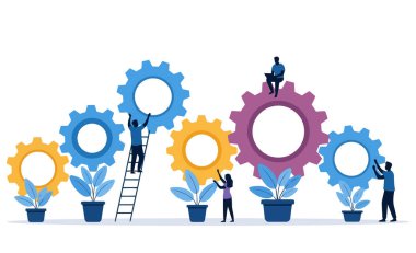 Bir grup insan çalışan bir sistem inşa etmek için işbirliği yapıyor. Ortak bir amaca ulaşmak için birlikte çalışıyorlar. Bu bir takım çalışması ve işbirliği konsepti..