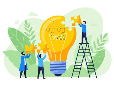 Bir grup insan, ortak bir hedef ve yenilikçi bir çözüme ulaşmak için takım çalışmasını ve problem çözmeyi sembolize eden bir ampul bulmacasını tamamlamak için birlikte çalışıyorlar..