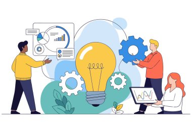 Bir grup insan yeni fikirler üretmek için birlikte çalışıyor. Beyin fırtınası yapıyorlar ve sorunlara çözüm bulmak için işbirliği yapıyorlar. Karar vermek için veri analizini kullanıyorlar..