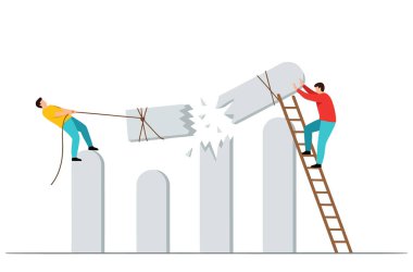 İki adam bozuk bir grafiği düzeltmeye çalışıyor, biri iple çekiyor, diğeri merdivene tırmanıyor. Takım çalışması, sorun çözme ve iş kurtarma konularını resmediyor.