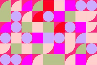 Kareler, daireler ve pembe arka planda çeyrek daireler içeren canlı bir geometrik desen. Her tasarıma canlı ve neşeli bir dokunuş eklemek için mükemmel..