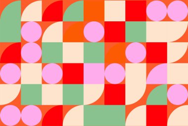 Parlak renklerde daireler, kareler ve yarı daireler içeren canlı bir retro geometrik desen. Geçmişler, tekstil ve modern tasarımlar için mükemmel..