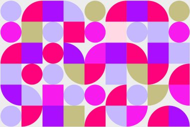 Bu canlı geometrik desen modern bir tasarımda daireler, kareler ve yarı daireler içerir. Geçmişler, tekstil ve yaratıcı projeler için mükemmel..