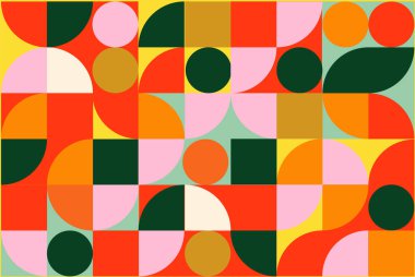 Eski bir renk paletinde daireler, kareler ve yarı daireler içeren canlı bir geometrik desen. Arka planlar, tekstil ve modern tasarımlar için mükemmel..