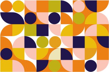 Daireler, kareler ve yarı daireler içeren canlı ve modern bir geometrik desen. Bu göz alıcı tasarım arka planlar, posterler ve dekoratif unsurlar için mükemmeldir..