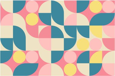 Pastel renklerde daireler ve kareler içeren kusursuz bir geometrik desen. Geçmişler, tekstil ve tasarımlar için mükemmel bir retro-modern estetik..