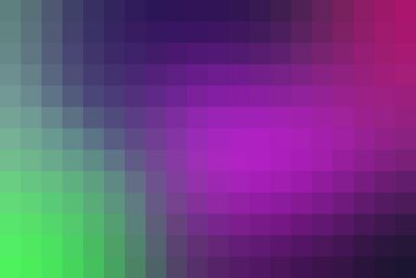 Yeşil, mor ve pembe renklerin karışımından oluşan canlı bir pikselli arka plan, pürüzsüz ve bulanık efektli modern ve soyut bir tasarım yaratıyor..