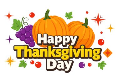 Balkabağı ve üzümlü bir Şükran Günü tasarımı. Metin koyu ve renkli, izole edilmiş beyaz arkaplanda dekoratif elementlerle çevrili..