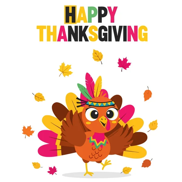 Şükran Günü mesajı olan şirin bir çizgi film hindisi. Hindi tüy ve yapraklarla süslenmiş. Vektör illüstrasyonu, düz tasarım, beyaz arkaplanda izole edilmiş.