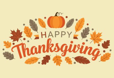 Sonbahar yaprakları ve balkabağının yer aldığı bir Şükran Günü tasarımı. Tebrik kartları, posterler ve dekorasyonlar için mükemmel. Bej arkaplanda vektör illüstrasyonu.