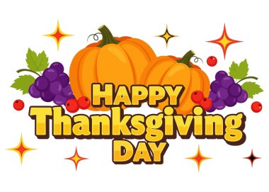 Balkabakları ve üzümlerle dolu neşeli bir Şükran Günü tebrik kartı. Hasat sezonunu kutlamak için mükemmel. Vektör illüstrasyonu beyaz arkaplanda izole edildi.