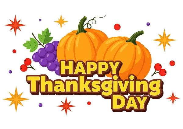 Balkabağı ve üzümlü Şükran Günü mesajınız kutlu olsun. Görüntü beyaz bir arkaplanda izole edilmiştir. Çizgi film tarzında bir vektör çizimi. Etrafta yıldızlar var..