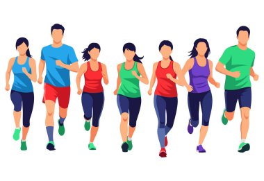 Bir grup sporcu bir maraton koşuyor. Fitness hedeflerine ulaşmak için birlikte antrenman yapıyorlar. Bu vektör illüstrasyonu spor ve egzersiz gösterir.