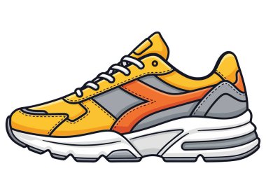 Şık sarı ve turuncu bir koşu ayakkabısı beyaz arka planda izole edilir. Spor, spor ya da moda projeleri için mükemmel. Yüksek kaliteli vektör illüstrasyonu.