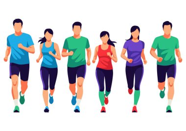 Bir grup insan sağlık ve zindelik için maraton koşuyor. Beyaz arka planda izole edilmiş sağlıklı bir yaşam tarzı için spor aktivitesi. Vektör illüstrasyonu.