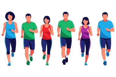 Bir grup insan maraton koşuyor, spor yapıyor ve sağlık için egzersiz yapıyor. Beyaz arka planda izole edilmiş sağlıklı bir yaşam tarzı için spor aktivitesi. Vektör illüstrasyonu.