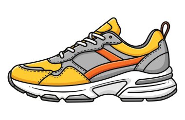 Beyaz arka planda izole edilmiş modaya uygun bir spor ayakkabısı çizimi. Ayakkabı turuncu detaylarla sarı ve gri bir kombinasyona sahiptir. Moda ve sporla ilgili tasarımlar için mükemmel..