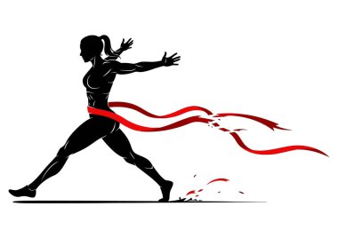 Bitiş çizgisini geçen bir kadın koşucunun silüeti. Koşucu zaferini kutluyor. Arka plan düz beyaz. Koşucu hareket halinde. Beyazda izole edilmiş.