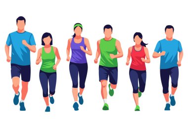 Bir grup koşucunun vektör sanat çizimi. Koşucular harekete geçti. Arka plan düz beyaz. Koşucular spor giysi giyiyor. Beyaz arkaplanda izole.