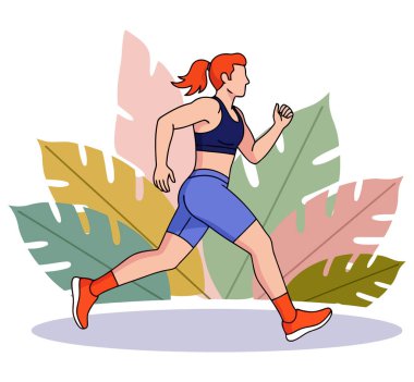 Arka planda yaprakları olan bir kadın koşuyor. Hareketli bir atlet, enerjiyi ve gücü temsil ediyor. Bu resim sağlıklı ve aktif bir yaşam tarzı gösteriyor..