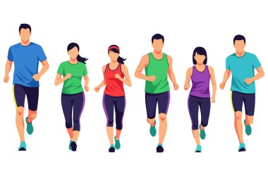 Birlikte koşan bir grup insan. Koşucular hareket halinde ve renkli atletik kıyafetler giyiyorlar. Vektör sanatı çizimi beyaz arkaplanda izole edildi.