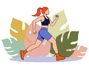 Bir kadın tropik yaprakların önünde koşuyor. Bu vektör illüstrasyonu fitness, sağlık ve aktif yaşam tarzı ile ilgili her proje için mükemmeldir..