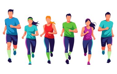 Bir grup insan birlikte koşuyor. Bu vektör illüstrasyonu fitness, sağlık ve aktif yaşam tarzıyla ilgili her proje için mükemmeldir. Renkli.