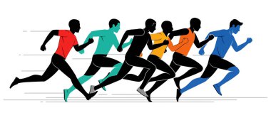 Bir yarışta bir grup koşucu, vektör çizimi. Spor, spor ve yarışma temaları için mükemmel. Projene enerji ve dinamizm katmak için kullan..