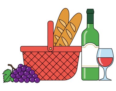 İçinde baget, bir şişe şarap, bir bardak ve bir demet üzüm olan bir piknik sepeti. Beyaz arkaplanda izole vektör çizimi. Yaz gezisi için mükemmel..