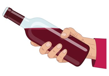 Bir el beyaz arka planda izole edilmiş kırmızı şarap şişesini tutuyor. Bu illüstrasyon bir kutlama, parti ya da etkinlik için mükemmel. Bir restoran için harika..