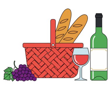 Bir sepet dolusu ekmek, bir şişe şarap ve bir demet üzüm içeren hoş bir piknik sahnesi, yaz gezisi için mükemmel. Vektör illüstrasyonu.