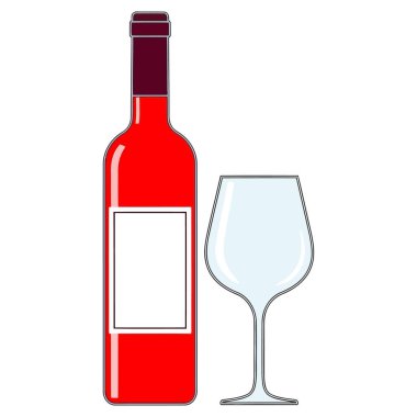 Beyaz arka planda izole edilmiş kırmızı şarap şişesi ve cam. Şişe dolu ve bardak boş. Kutlama ya da parti daveti için mükemmel..