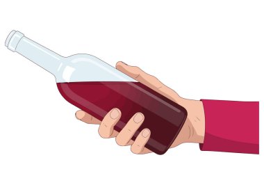 Kırmızı şarap şişesini tutan bir el. Şişe eğimli ve sıvı görünür durumda. Arka plan beyaz. Şarap veya içecekle ilgili bir tasarım için harika..