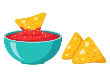 Tortilla cipsli bir kase salsa. Salsa sosu kırmızı ve tıknaz, cipsler sarı ve çıtır çıtır. Beyaz arka planda izole edilmiş. Vektör illüstrasyonu.