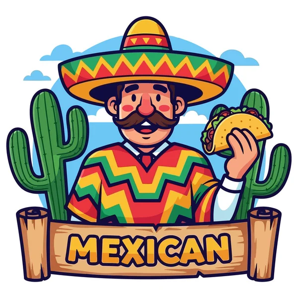 Meksika 'lı bir adamın sombrero ve panço giydiği, elinde taco olan ve arka planda kaktüsü olan neşeli bir karikatür çizimi. Yemek ve kültür temaları için mükemmel..