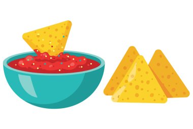 Canlı bir kase salsa, yanında da tortilla cipsi. Meksika restoranları, yemek blogları ya da parti davetiyeleri için mükemmel. Kolay kullanım için temiz beyaz bir arkaplanda izole.