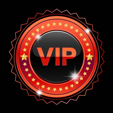 Siyah arka planda yıldızları olan kırmızı, parlak VIP rozeti özel üyeliği simgeler. Lüks hizmet, ödül ve sertifikalar için idealdir..