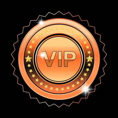 Siyah arka planda parıldayan yıldızlı bakır VIP rozeti. Bu tasarım ödüller, foklar ya da her türlü tanınma için mükemmeldir. Bu bir vektör çizimi..